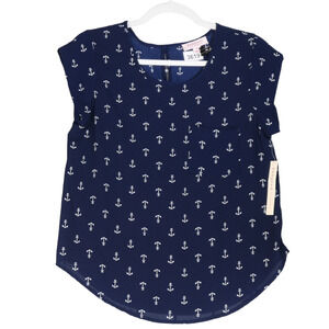 NEW Tempted Blouse Womens Medium Blue Nautical Anchors Cap Sleeve Pocket